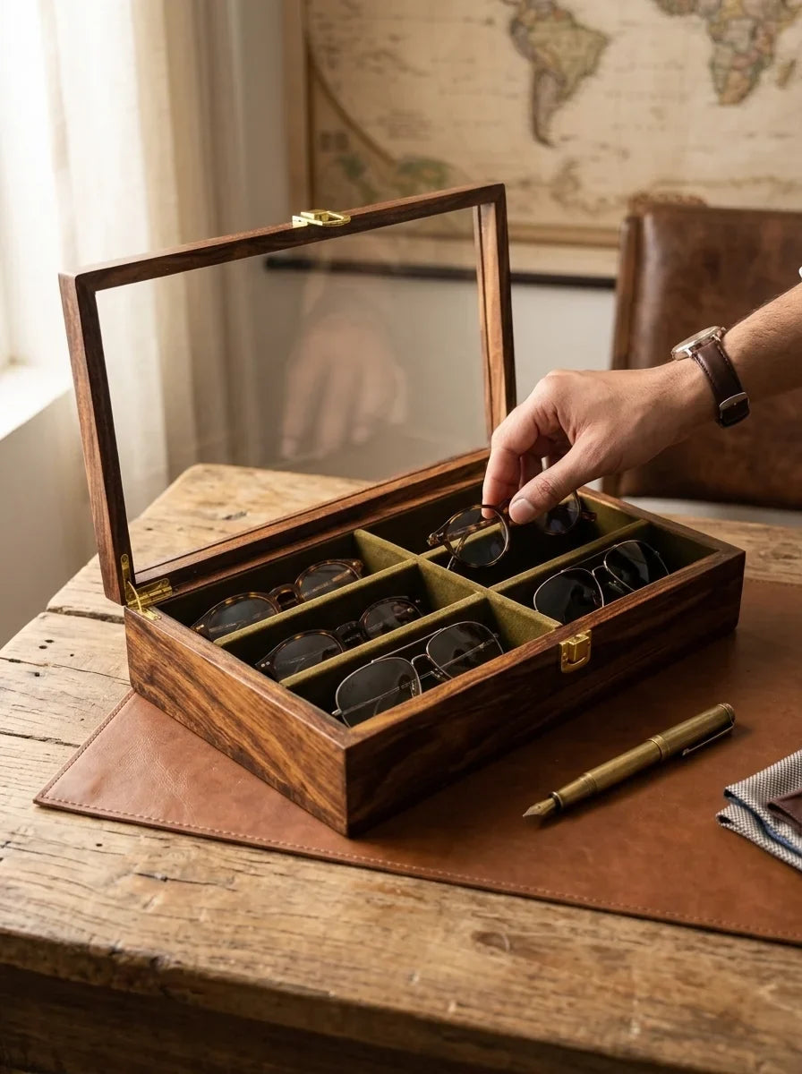 Handcrafted Wooden Sunglasses Organizer Box 6 Slots | Hand-Carved, Velvet Lined | Sheesham Wood