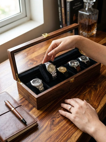 Handcrafted Wooden Watch Box 5 Slots | Glass Lid, Shape-Holding Cushions | Sheesham Wood