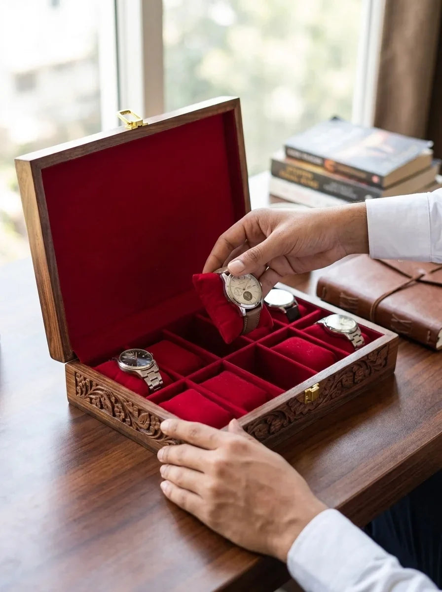 Handcrafted Wooden Watch Box 10 Slots | All-Around Carved | Soft Velvet | Sheesham Wood
