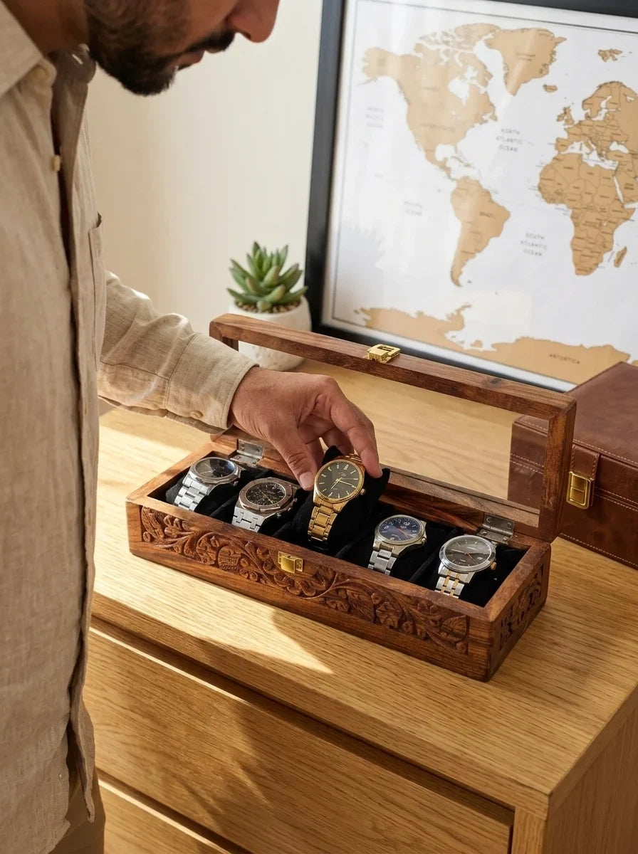 Handcrafted Wooden Watch Box 5 Slots | All-Around Carved | Soft Velvet | Sheesham Wood
