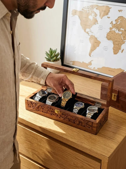 Handcrafted Wooden Watch Box 5 Slots | All-Around Carved | Soft Velvet | Sheesham Wood