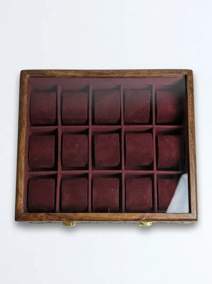 Handcrafted Wooden Watch Box 15 Slots | Glass Lid, All-Around Carved, Shape-Holding Cushions | Sheesham Wood