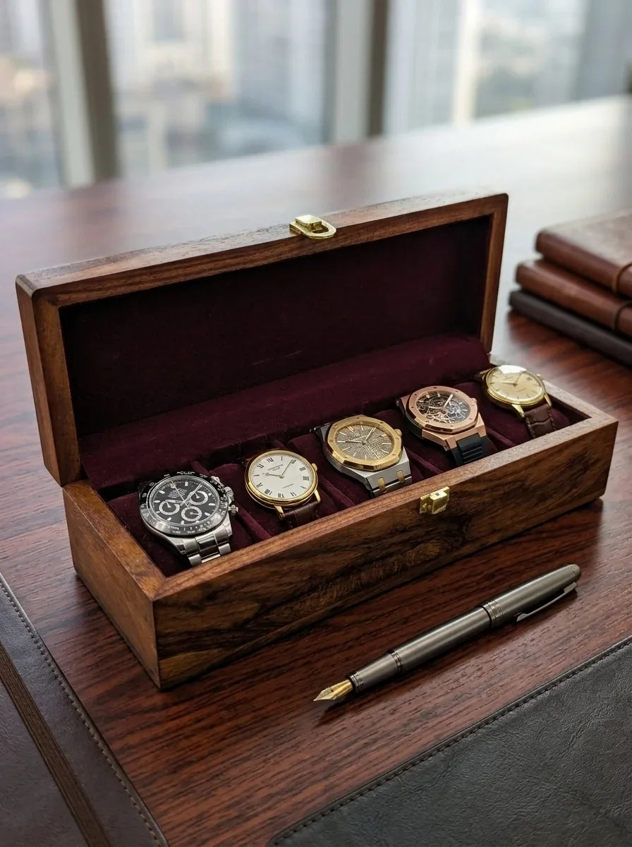Handcrafted Wooden Watch Box 5 Slots | Plain Design | Sheesham Wood