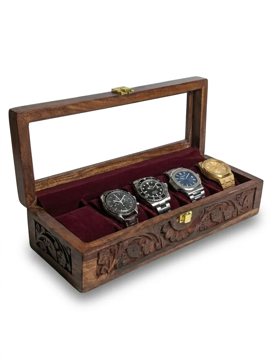 Handcrafted Wooden Watch Box | Glass Lid, Hand-Carved Panels, Shape-Holding Cushions, 5 Watches
