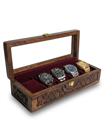 Handcrafted Wooden Watch Box | Glass Lid, Hand-Carved Panels, Shape-Holding Cushions, 5 Watches