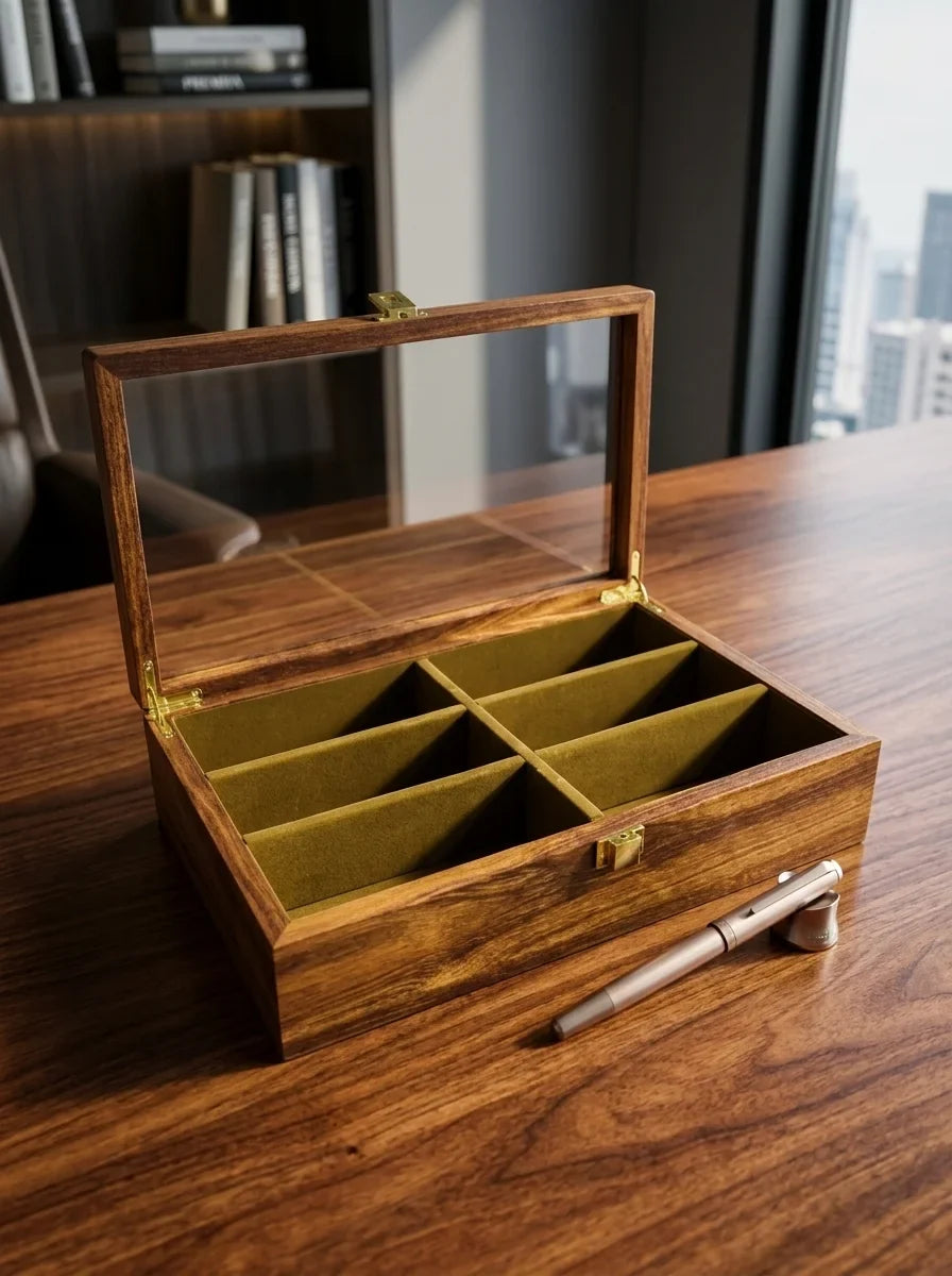 Handcrafted Wooden Sunglasses Organizer Box 6 Slots | Hand-Carved, Velvet Lined | Sheesham Wood