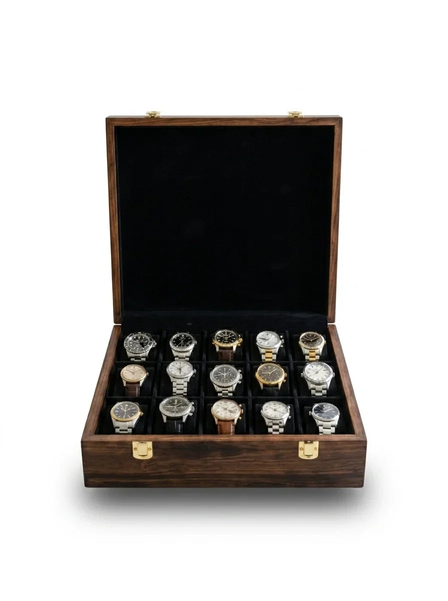 Handcrafted Wooden Watch Box | Plain Top, Plain Design, Shape-Holding Cushions, 15 Watches