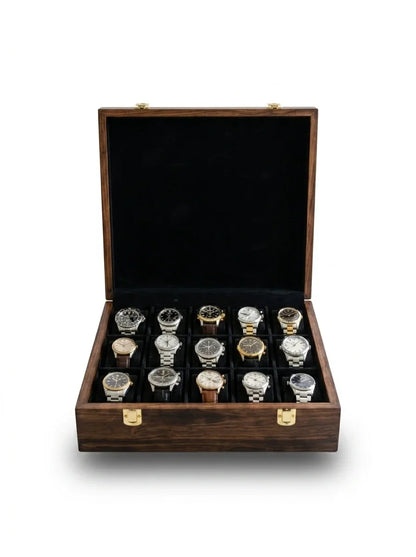 Handcrafted Wooden Watch Box | Plain Top, Plain Design, Shape-Holding Cushions, 15 Watches