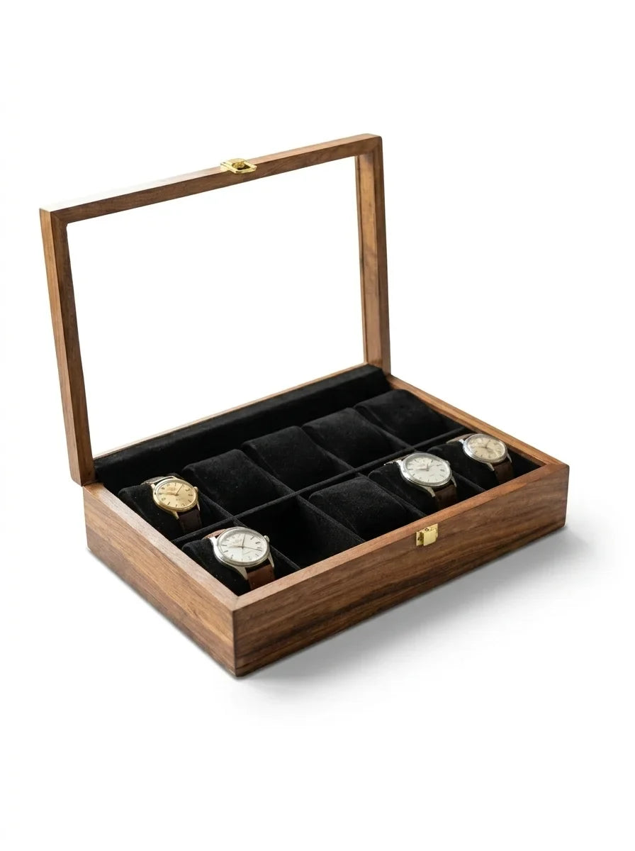 Handcrafted Wooden Watch Box | Glass Lid, Plain Design, Shape-Holding Cushions, 10 Watches