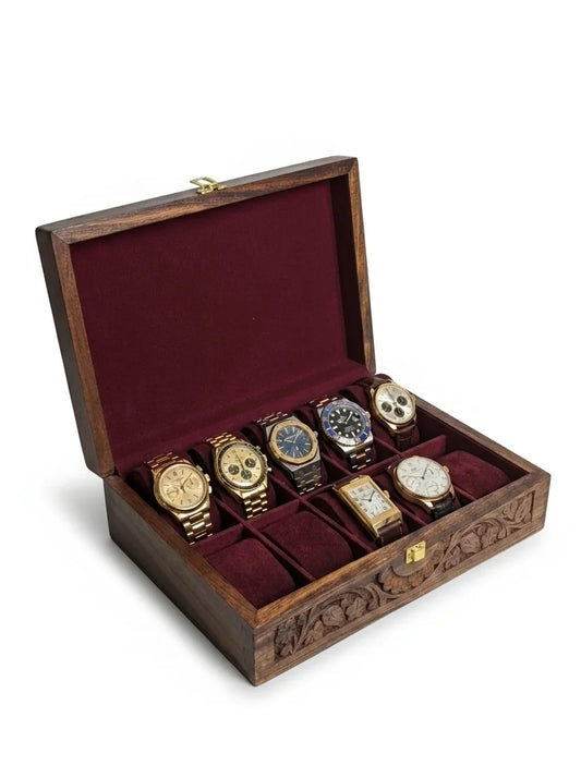 Handcrafted Wooden Watch Box | Plain Top, Carved Sides, Shape-Holding Cushions, 10 Watches