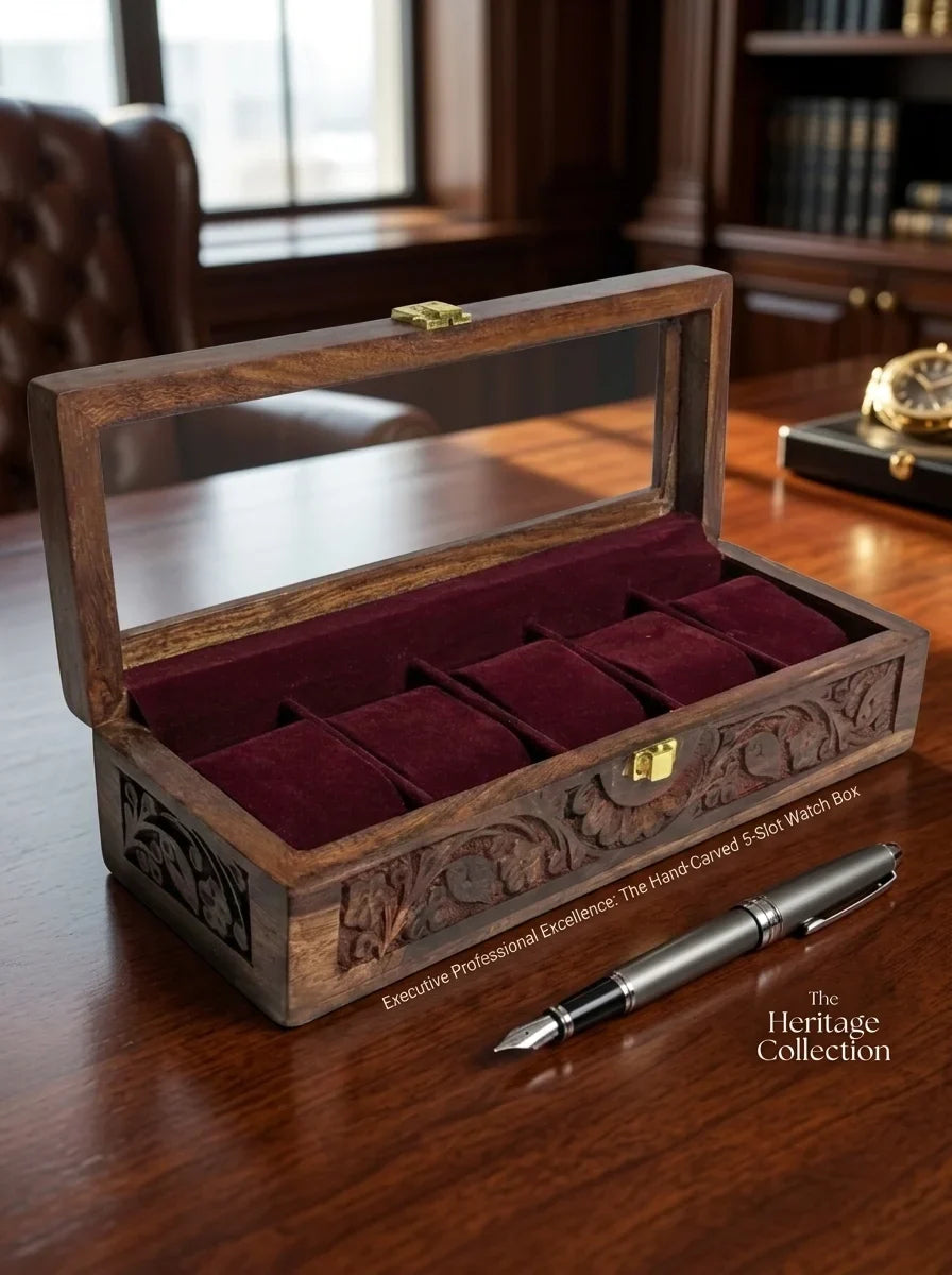 Handcrafted Wooden Watch Box | Glass Lid, Hand-Carved Panels, Shape-Holding Cushions, 5 Watches