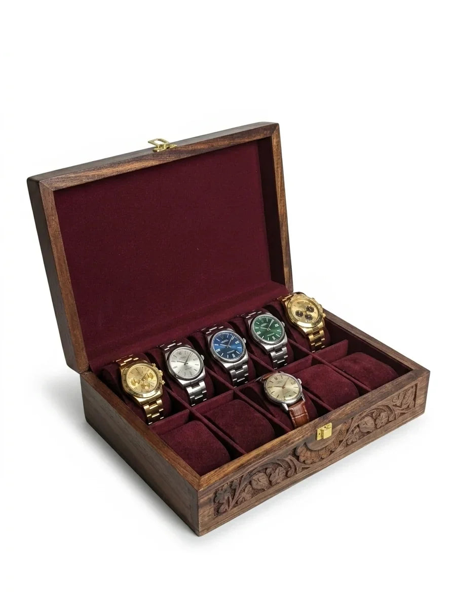 Handcrafted Wooden Watch Box | Plain Top, Carved Sides, Shape-Holding Cushions, 10 Watches