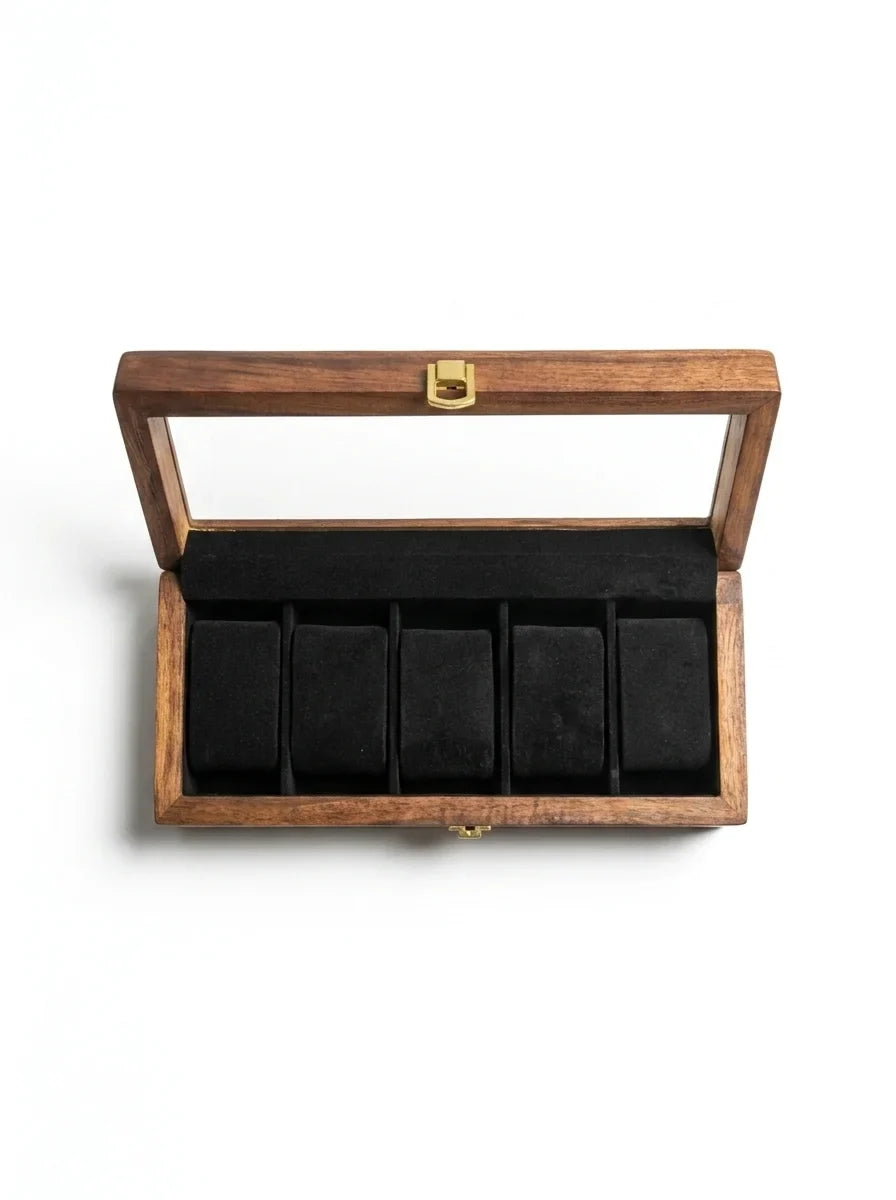 Handcrafted Wooden Watch Box 5 Slots | Glass Lid, Shape-Holding Cushions | Sheesham Wood
