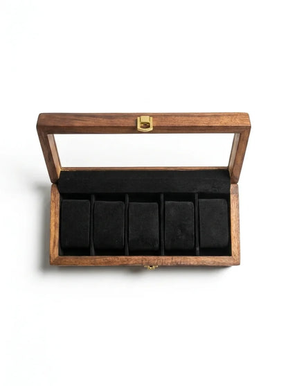 Handcrafted Wooden Watch Box 5 Slots | Glass Lid, Shape-Holding Cushions | Sheesham Wood