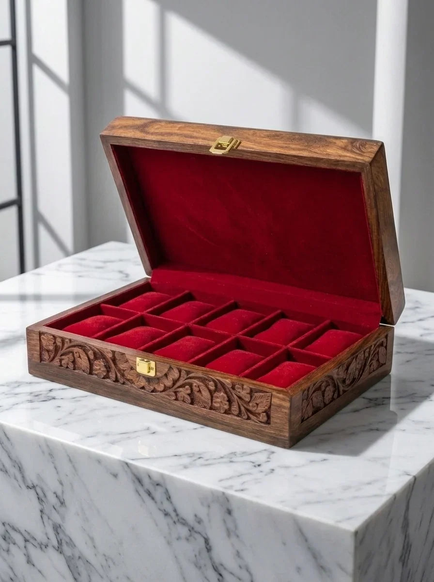 Handcrafted Wooden Watch Box 10 Slots | All-Around Carved | Soft Velvet | Sheesham Wood