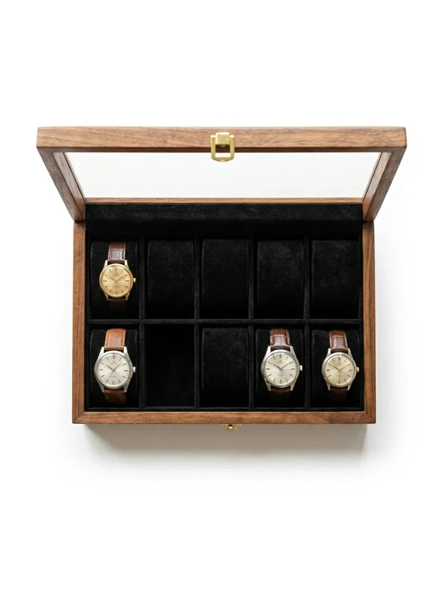 Handcrafted Wooden Watch Box | Glass Lid, Plain Design, Shape-Holding Cushions, 10 Watches