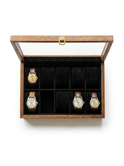 Handcrafted Wooden Watch Box | Glass Lid, Plain Design, Shape-Holding Cushions, 10 Watches