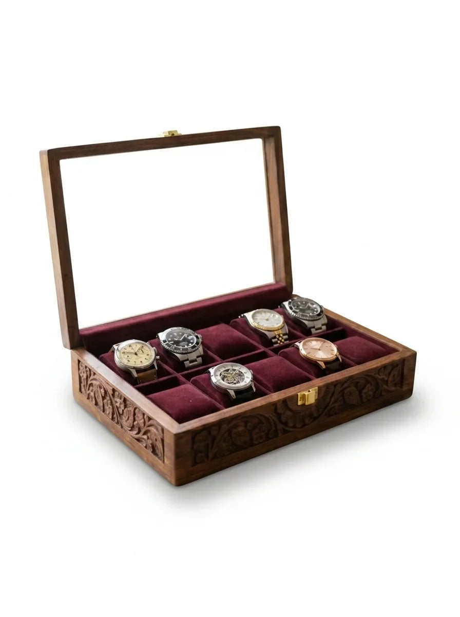 Handcrafted Wooden Watch Box | Glass Lid, Hand-Carved Panels, Shape-Holding Cushions, 10 Watches