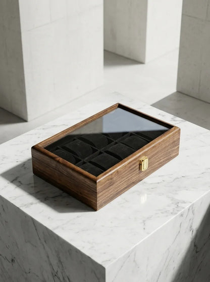 Handcrafted Wooden Watch Box | Glass Lid, Plain Design, Shape-Holding Cushions, 10 Watches