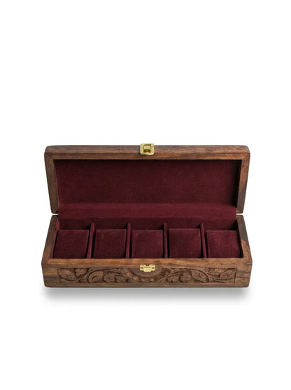 Handcrafted Wooden Watch Box - 5 Slots | Carved Sides, Shape-Holding Cushions | Sheesham Wood