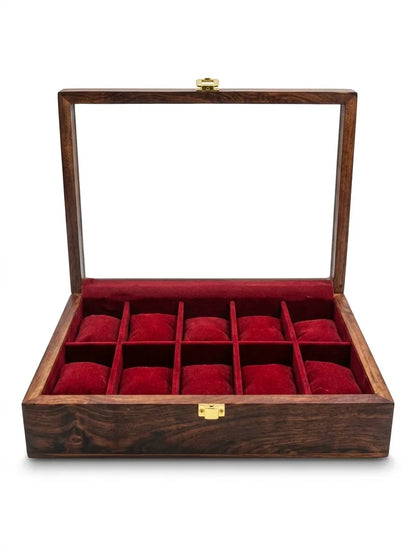 Handcrafted Wooden Watch Box 10 Slots | Glass Lid, Plain Design | Sheesham Wood