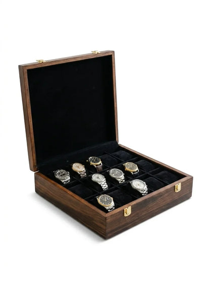 Handcrafted Wooden Watch Box | Plain Top, Plain Design, Shape-Holding Cushions, 15 Watches