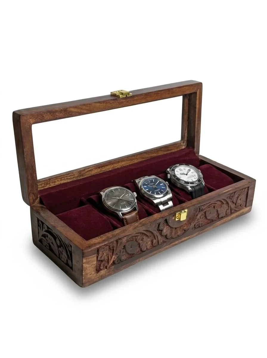 Handcrafted Wooden Watch Box | Glass Lid, Hand-Carved Panels, Shape-Holding Cushions, 5 Watches