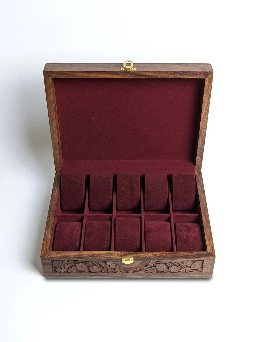 Handcrafted Wooden Watch Box | Plain Top, Carved Sides, Shape-Holding Cushions, 10 Watches