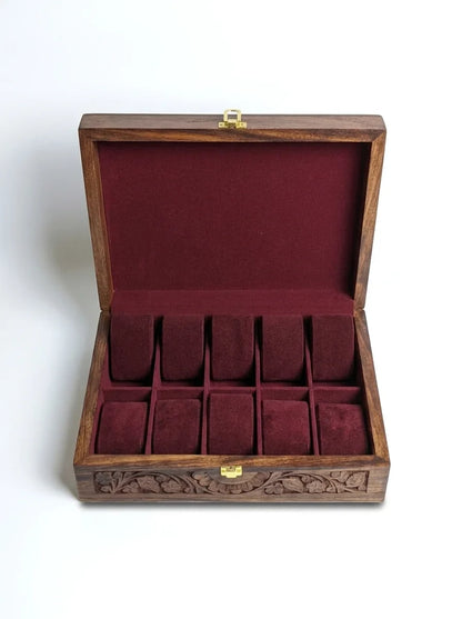 Handcrafted Wooden Watch Box | Plain Top, Carved Sides, Shape-Holding Cushions, 10 Watches