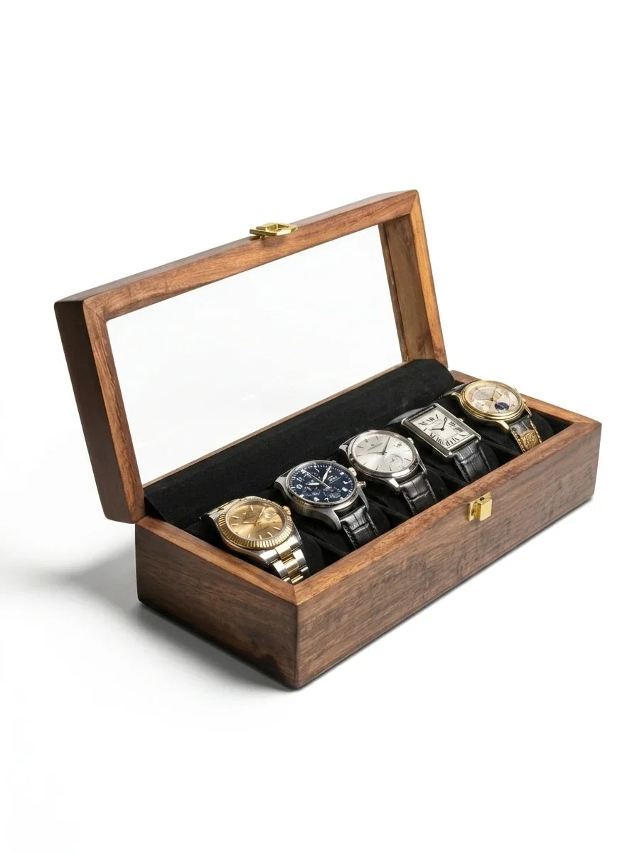 Handcrafted Wooden Watch Box 5 Slots | Glass Lid, Shape-Holding Cushions | Sheesham Wood