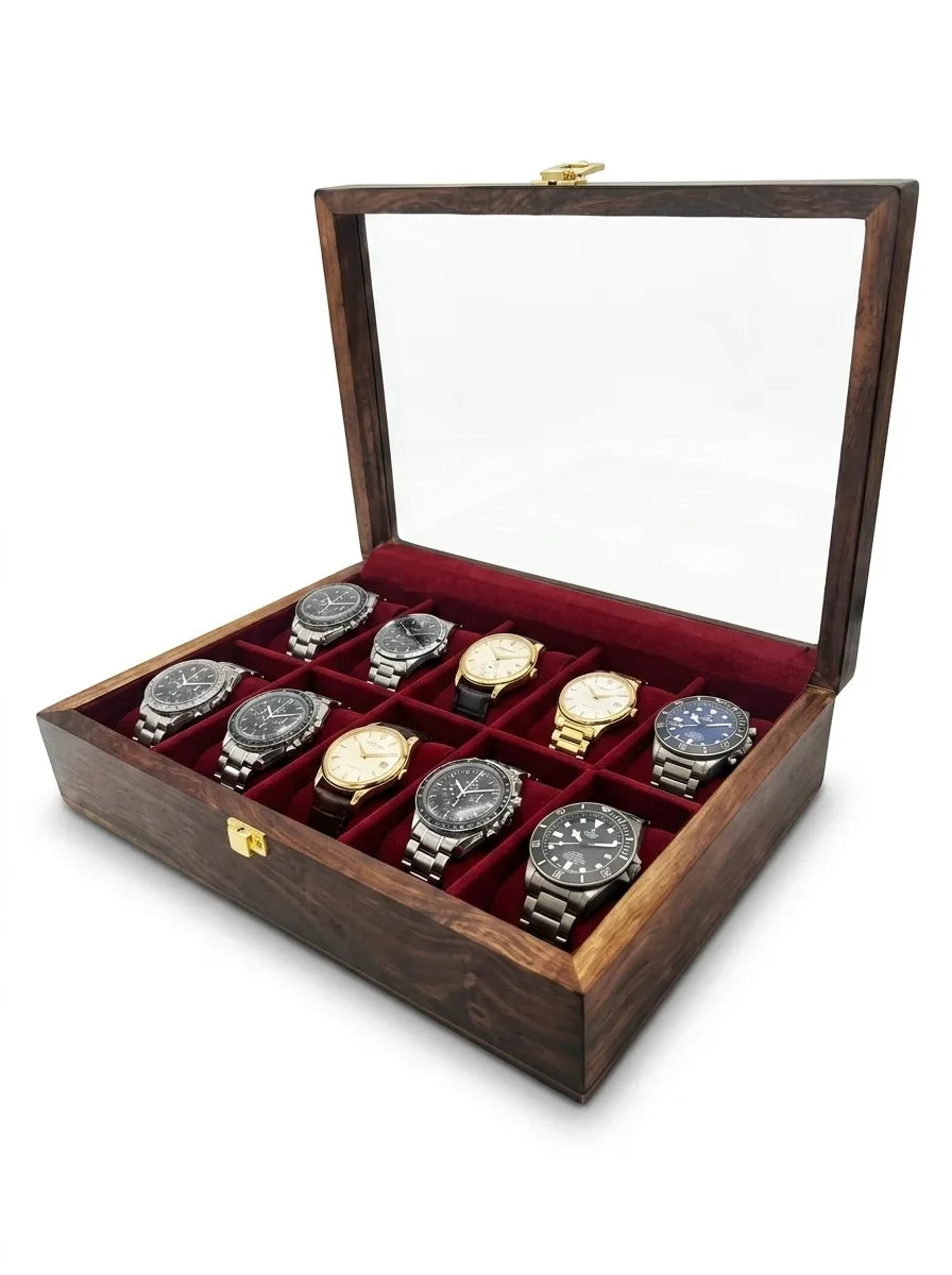 Handcrafted Wooden Watch Box 10 Slots | Glass Lid, Plain Design | Sheesham Wood