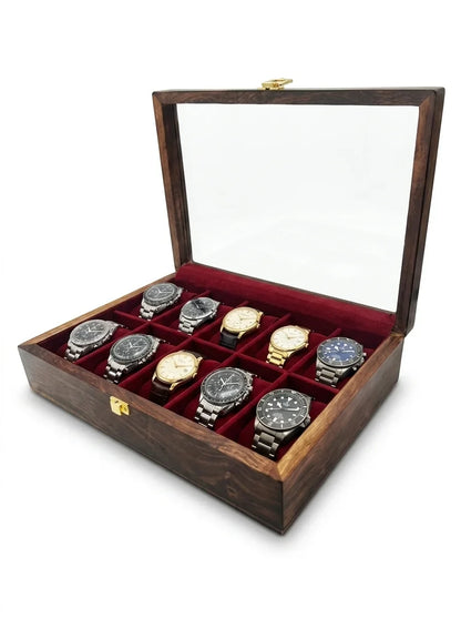 Handcrafted Wooden Watch Box 10 Slots | Glass Lid, Plain Design | Sheesham Wood