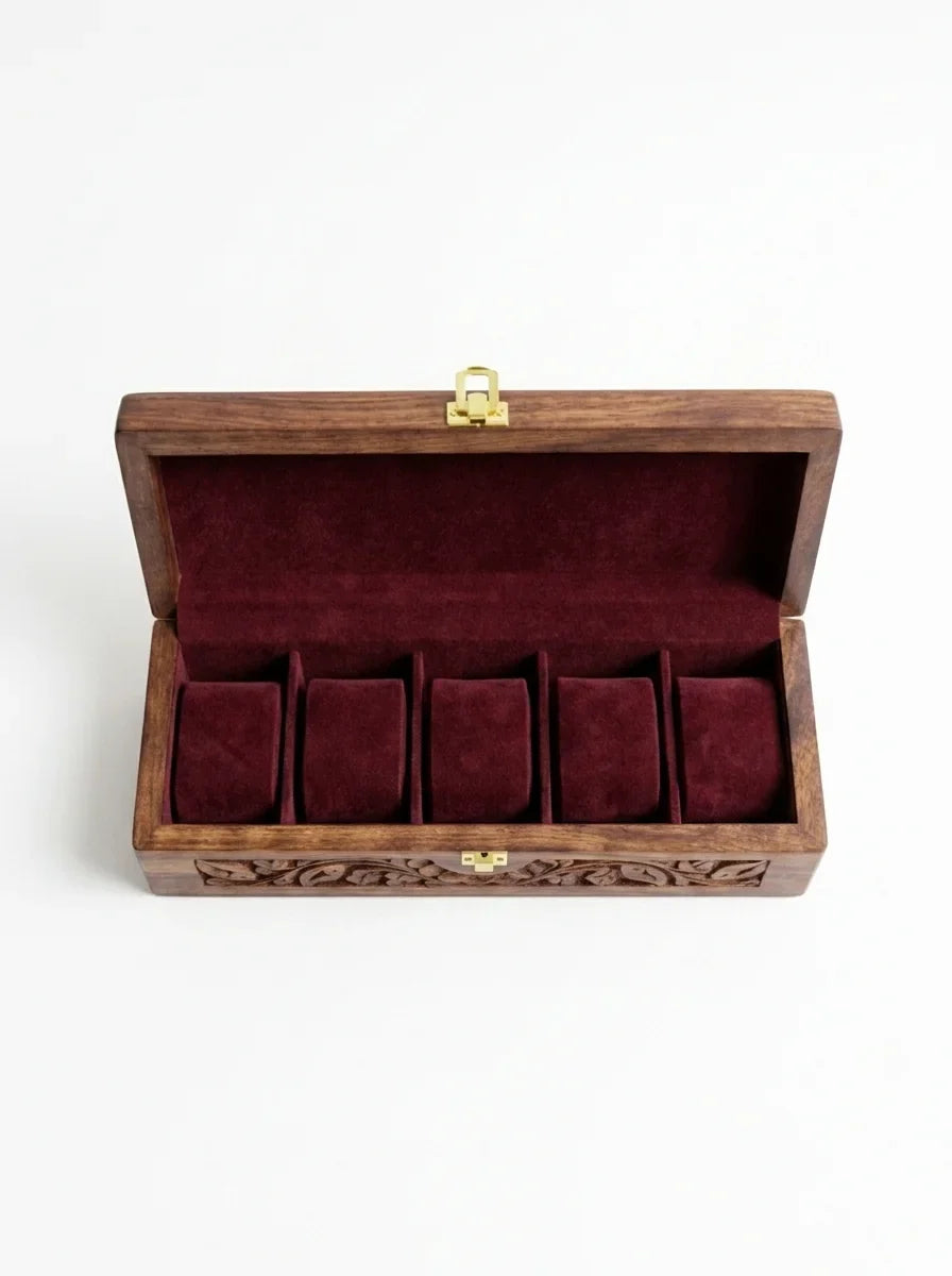 Handcrafted Wooden Watch Box - 5 Slots | Carved Sides, Shape-Holding Cushions | Sheesham Wood