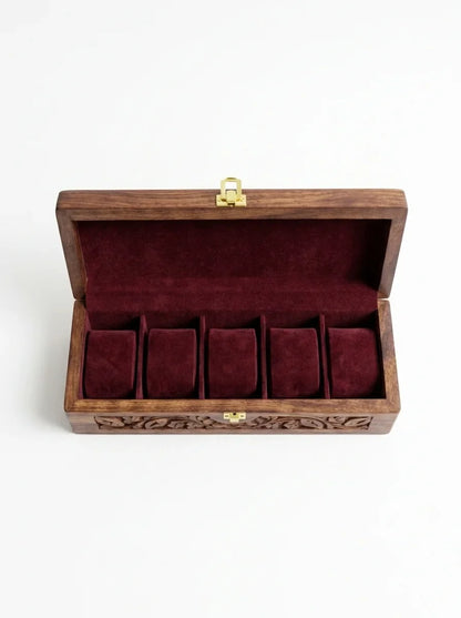 Handcrafted Wooden Watch Box - 5 Slots | Carved Sides, Shape-Holding Cushions | Sheesham Wood