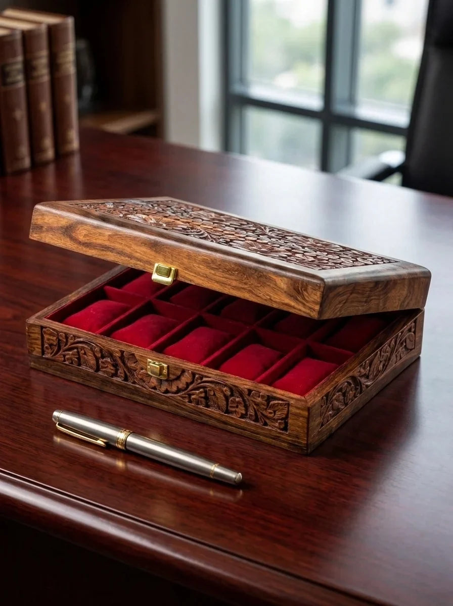 Handcrafted Wooden Watch Box 10 Slots | All-Around Carved | Soft Velvet | Sheesham Wood