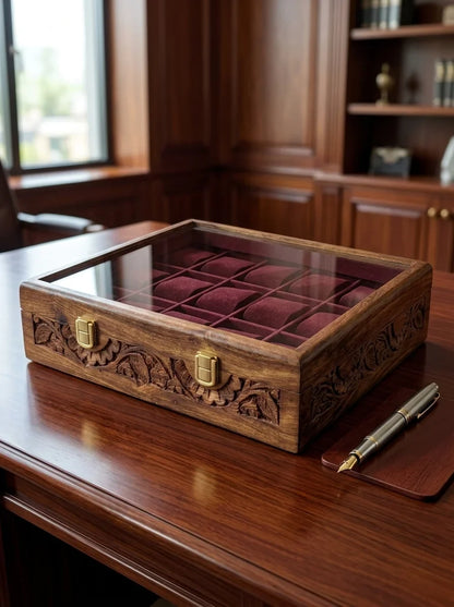 Handcrafted Wooden Watch Box 15 Slots | Glass Lid, All-Around Carved, Shape-Holding Cushions | Sheesham Wood