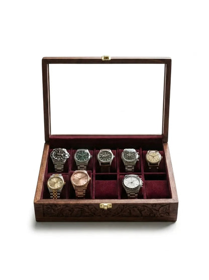 Handcrafted Wooden Watch Box | Glass Lid, Hand-Carved Panels, Shape-Holding Cushions, 10 Watches