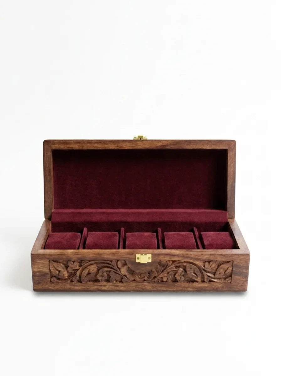 Handcrafted Wooden Watch Box - 5 Slots | Carved Sides, Shape-Holding Cushions | Sheesham Wood