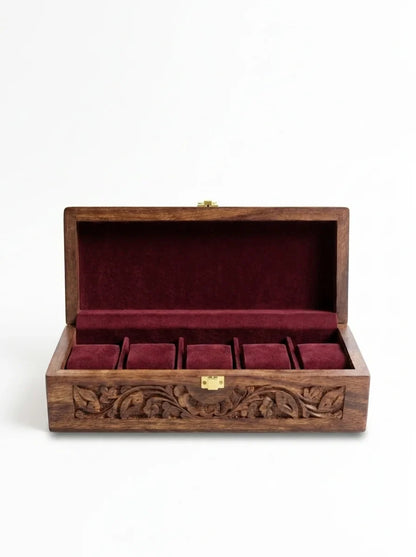 Handcrafted Wooden Watch Box - 5 Slots | Carved Sides, Shape-Holding Cushions | Sheesham Wood
