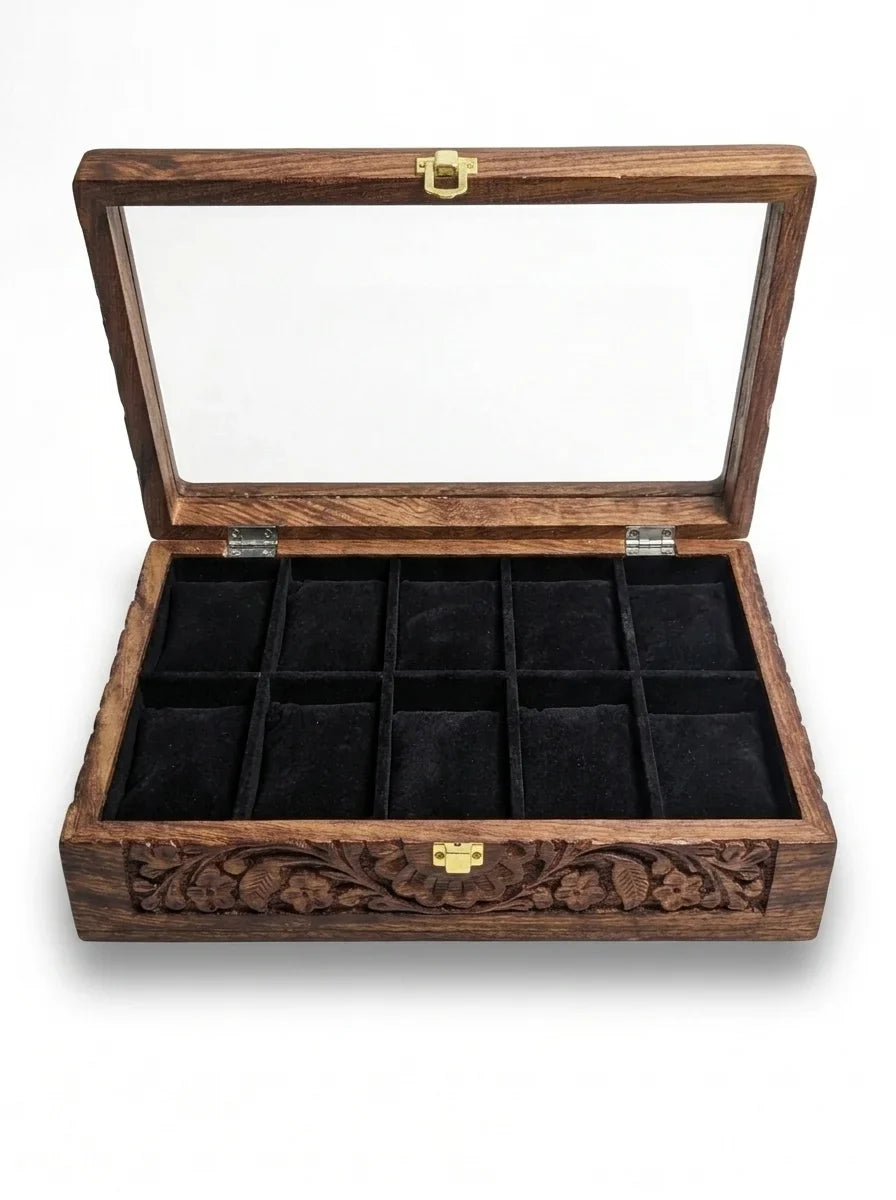Handcrafted Wooden Watch Box 10 Slots | Glass Lid, Carved Design, Soft Velvet Cushions | Sheesham Wood