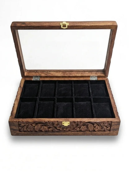 Handcrafted Wooden Watch Box 10 Slots | Glass Lid, Carved Design, Soft Velvet Cushions | Sheesham Wood