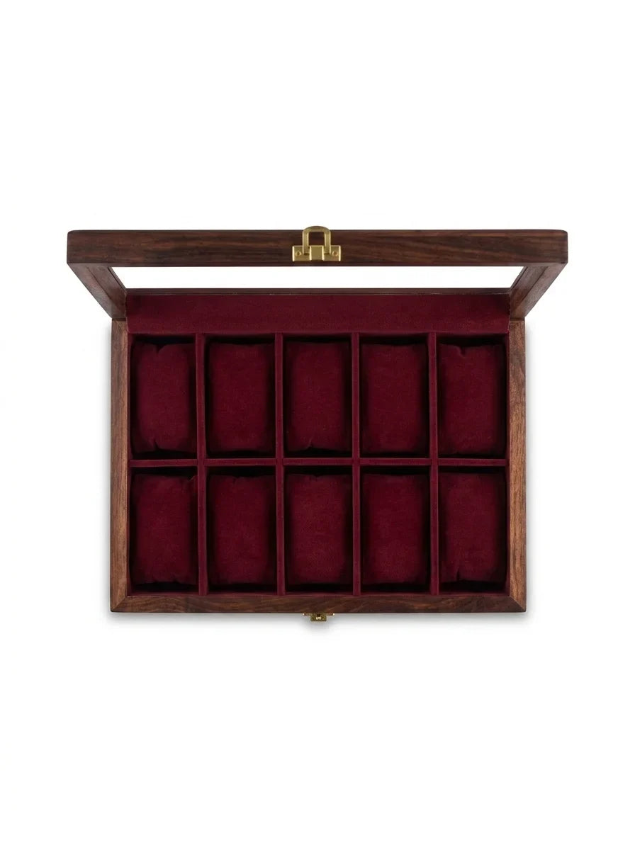 Handcrafted Wooden Watch Box 10 Slots | Glass Lid, Plain Design | Sheesham Wood