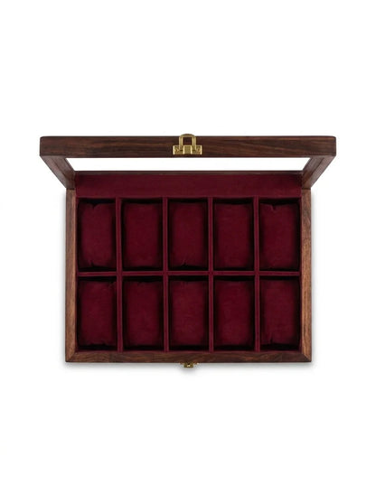 Handcrafted Wooden Watch Box 10 Slots | Glass Lid, Plain Design | Sheesham Wood