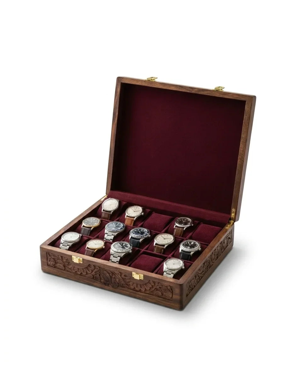 Handcrafted Wooden Watch Box | Plain Top, Carved Sides, Shape-Holding Cushions, 15 Watches