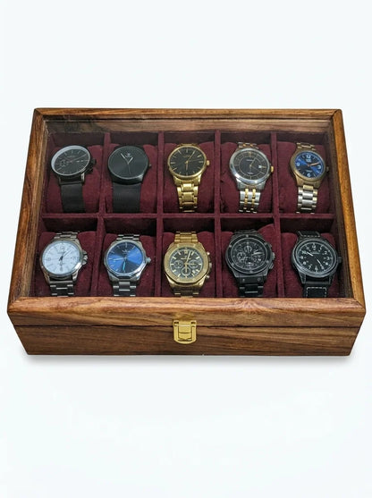 Handcrafted Wooden Watch Box 10 Slots | Glass Lid, Plain Design | Sheesham Wood