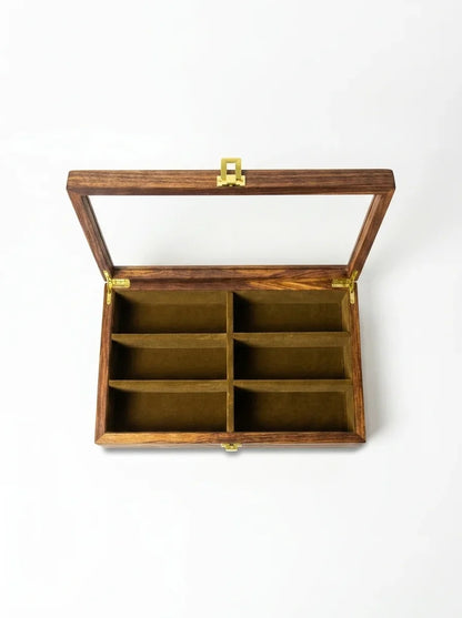 Handcrafted Wooden Sunglasses Organizer Box 6 Slots | Hand-Carved, Velvet Lined | Sheesham Wood