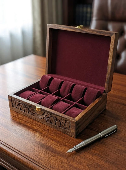Handcrafted Wooden Watch Box | Plain Top, Carved Sides, Shape-Holding Cushions, 10 Watches