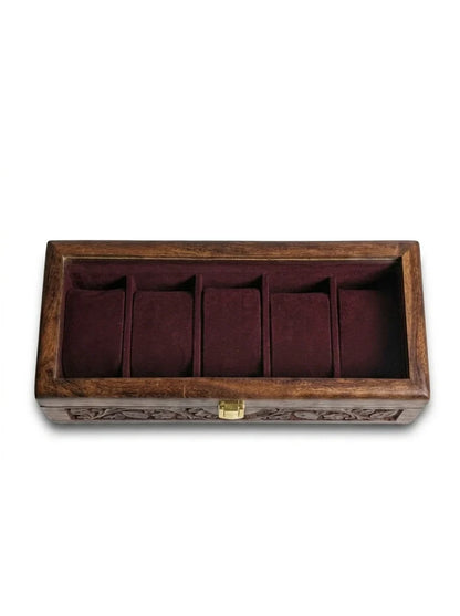 Handcrafted Wooden Watch Box | Glass Lid, Hand-Carved Panels, Shape-Holding Cushions, 5 Watches