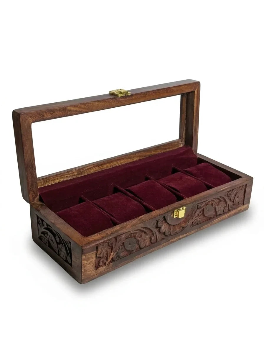 Handcrafted Wooden Watch Box | Glass Lid, Hand-Carved Panels, Shape-Holding Cushions, 5 Watches