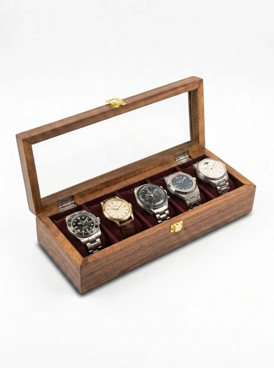 Handcrafted Sheesham Wood Watch Box with Glass Lid | Organizer for 5 Watches
